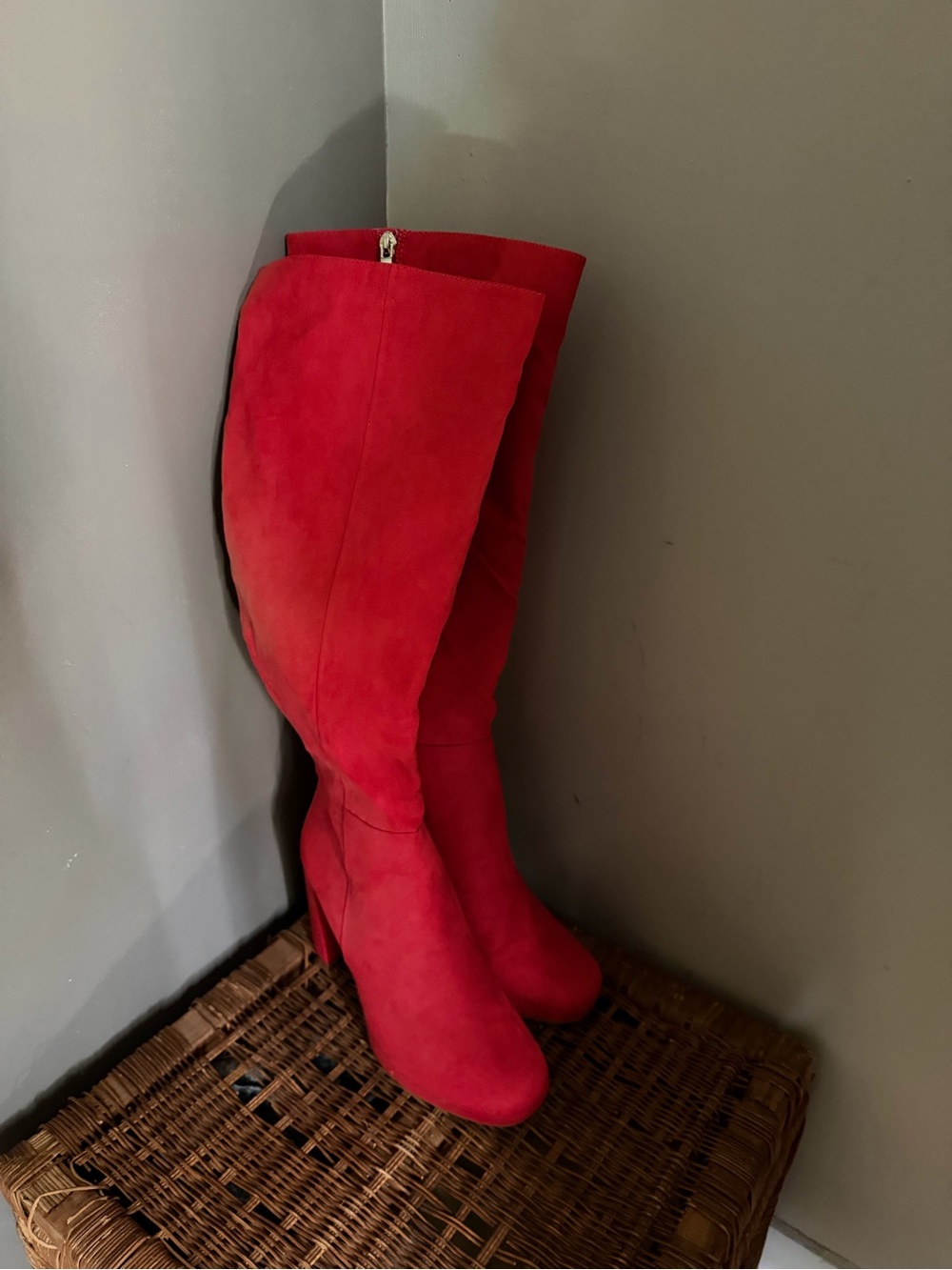 JustFab Red Knee-High Suede Heeled Boots